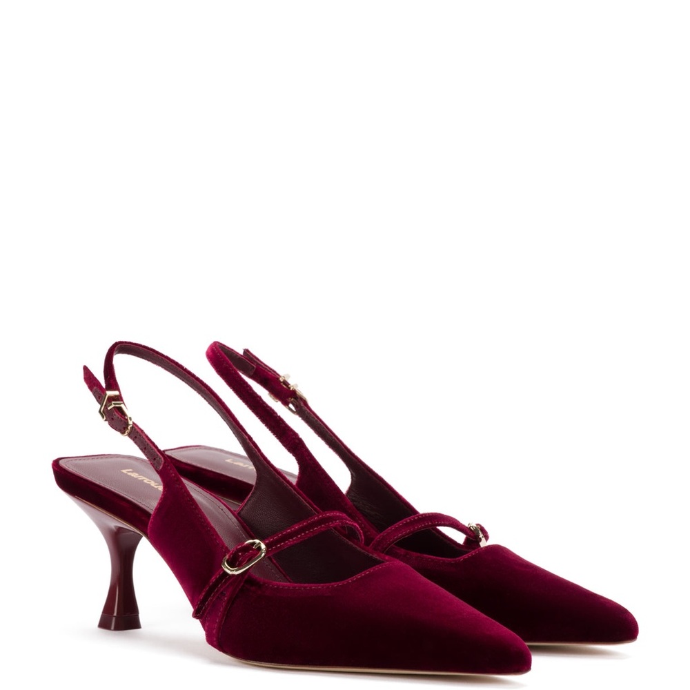 Larroudé Ines Wine Velvet Slingback Kitten Heel Pumps Size 9